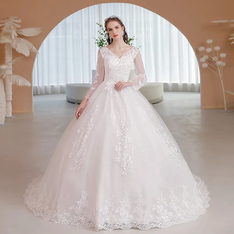 Vestido De novia moderno De manga larga para mujer, Vestido De baile De encaje De lujo con flores dulces, vestidos De boda con foto Real, nuevo, 2022