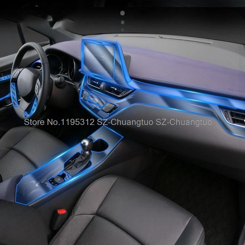 Folia ochronna TPU do wnętrza samochodu Toyota CHR C-HR 2018-2023, na konsolę środkową, panel zmiany biegów, nawigację, panel deski rozdzielczej i panel drzwi.
