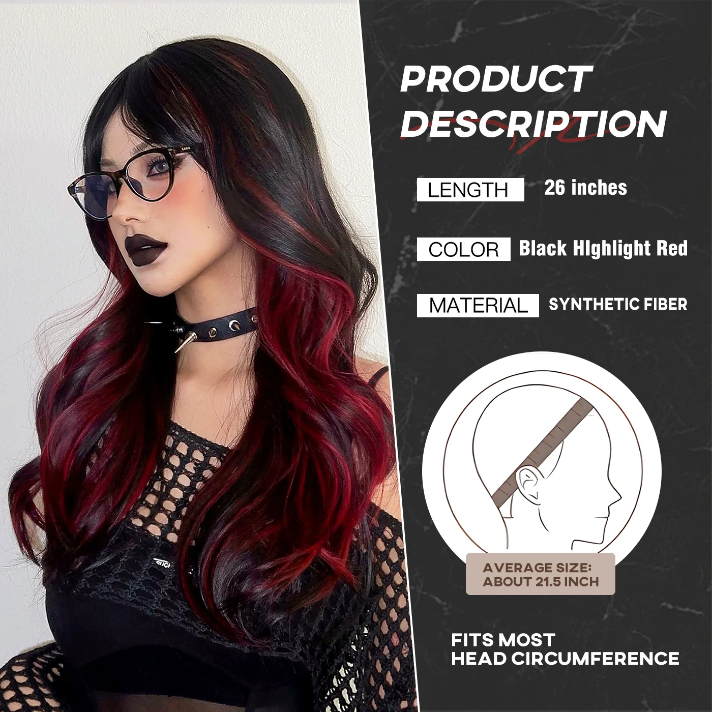 Black Highlight Red Hair Wigs with Bangs Long Wavy Black Mixed Red Synthetic Wig for Woman Cosplay Colorful Wig Heat Resistant