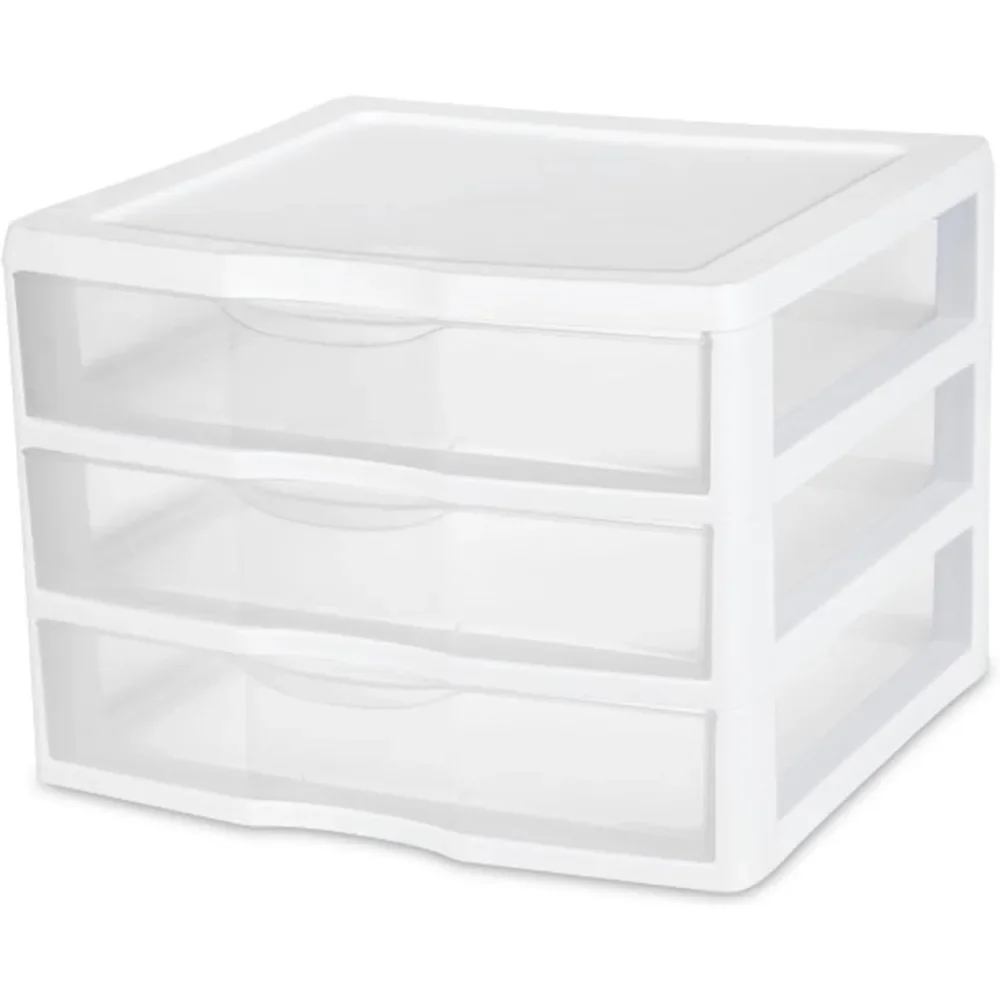 Clear Plastic Stackable Small 3 Drawer Storage System for Home Office, Dorm Room, or Bathrooms, White Frame, (6 Pack)