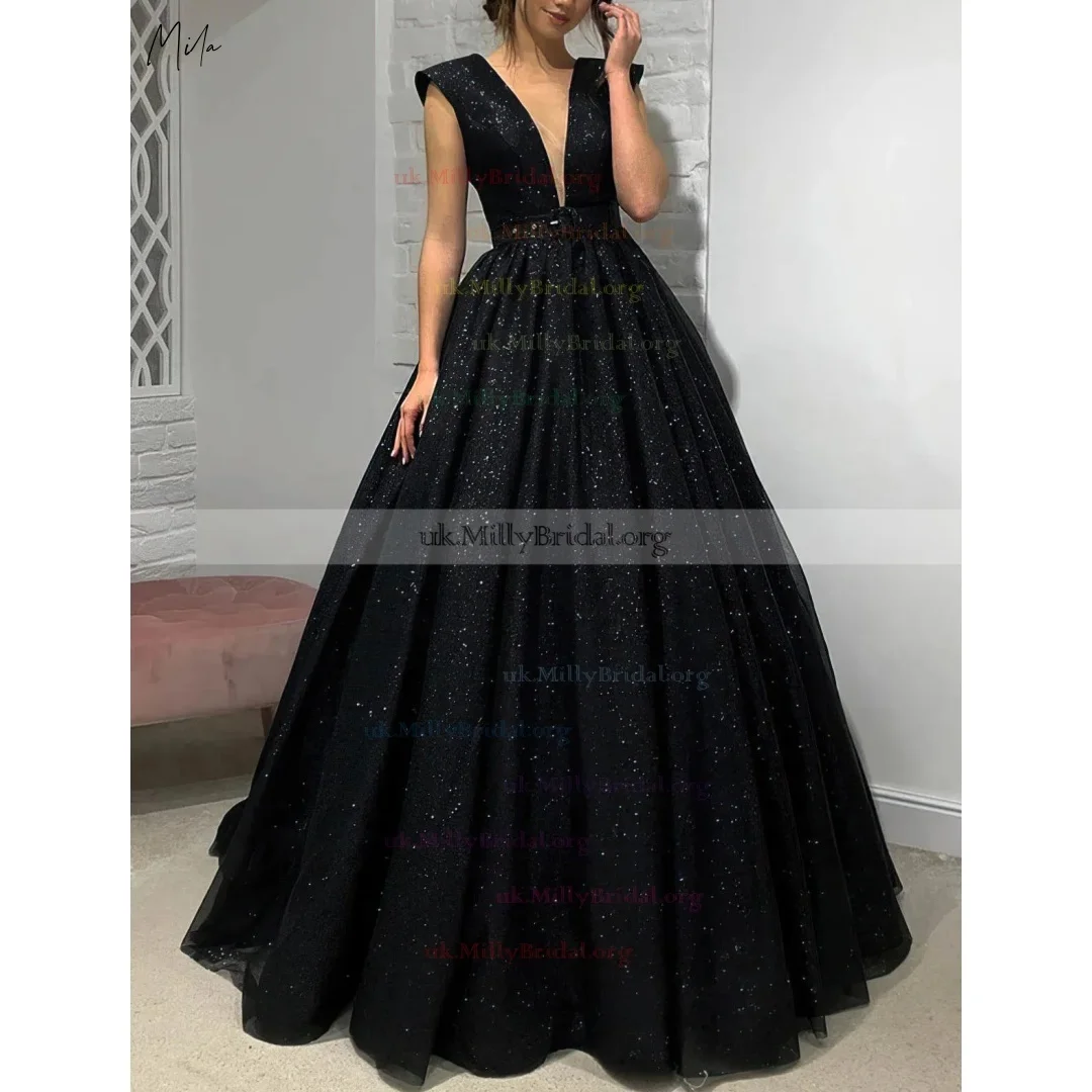 

Black Deep V Neck Sleeveless Glitter Customized Formal Evening Tulle Ball Gown Floor-Length vestidos de gala Elegant Prom Dress
