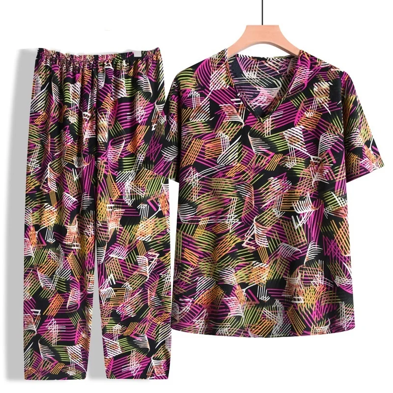 Summer Pajama Sets Women's Home Clothes Short Sleeve Sleepwear Floral Two-piece Middle Aged Mother Pijama Mujer Outside Wear