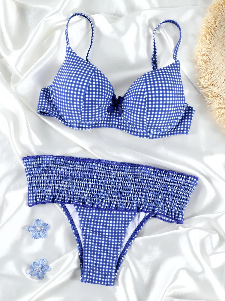 Rinade Blue Grid Bikinis Pleated Bikini String Swimsuits Mid Waist Swimsuits Push Up Swimwear Two-Piece Bathing Suit