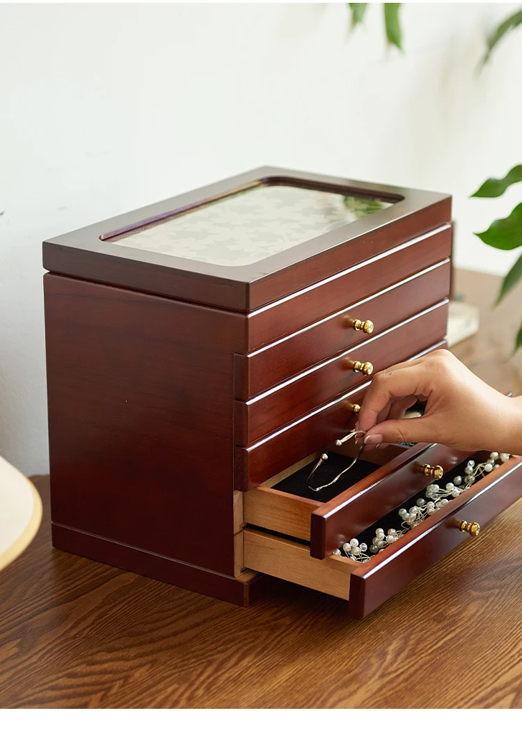 Custom Solid Wood Jewelry Box Wooden Storage Vintage Multi-layer Drawer Large Capacity Earrings Necklace Anti-oxidation view 6