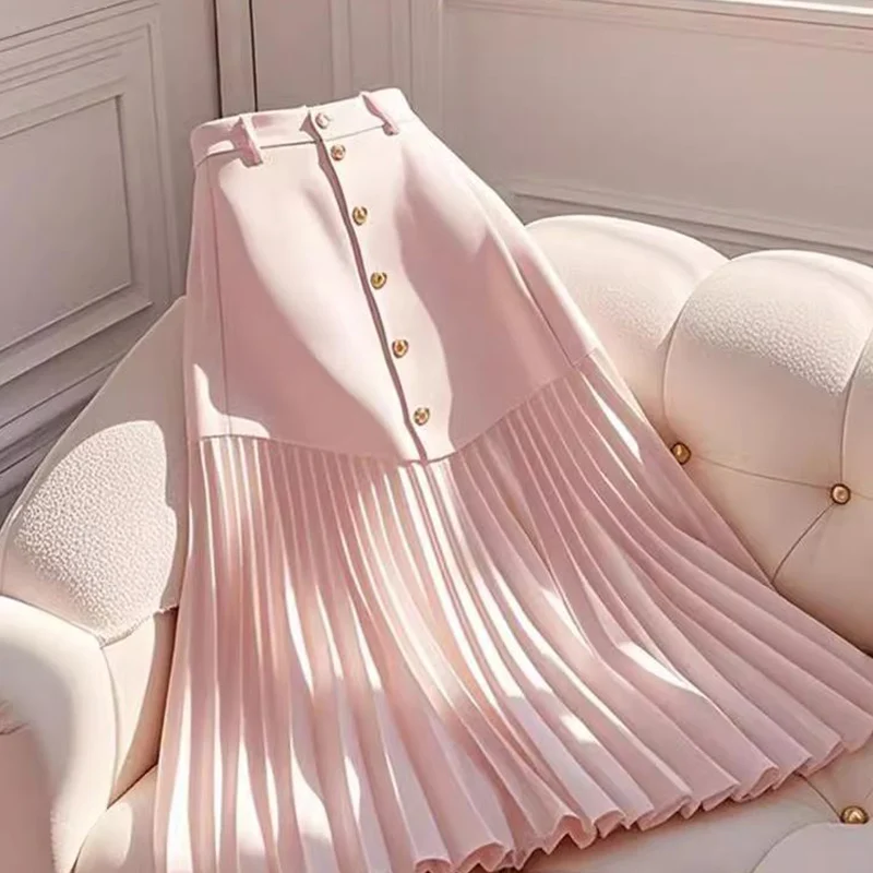 

Ladies Temperament Buttons Patchwork High Waist A-line Skirt Autumn Fashionable Pleated Elastic Waist Pleated Skirt Women's