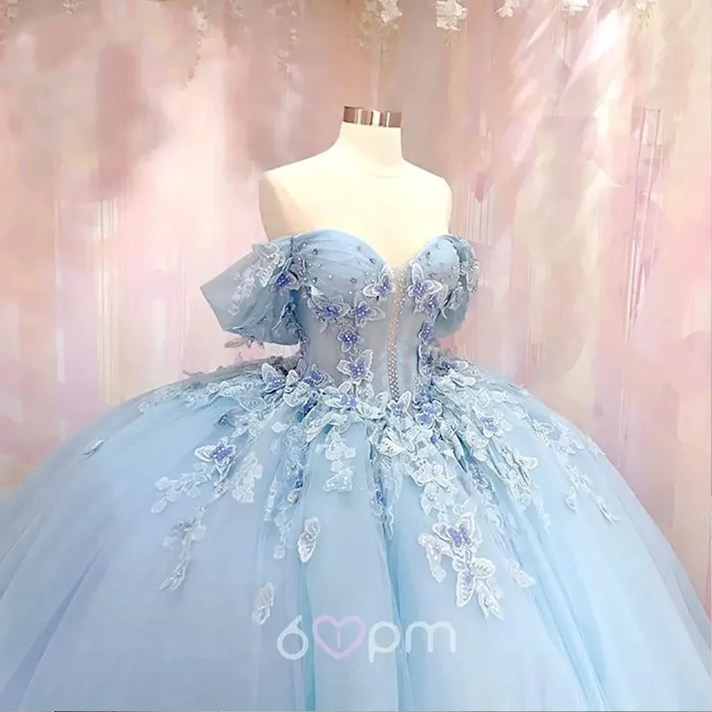 ANGELSBRIDEP-Robes de Quinceanera douces mexicaines 16, boule, perles bleu ciel, appliques en dentelle, robe éducative personnalisée