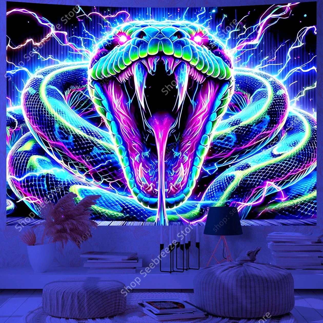 Neon Cobra UV Tapestry Electric Lightning Design Vibrant Colors Modern Wall Art Statement Piece Living Room Bedroom Studio Decor