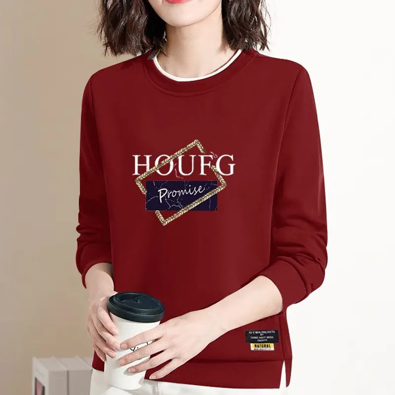 New Autumn Fashion Loose Trendy Round Neck Versatile Age Reducing Fleece Covering Long Sleeve Casual Style Letter Women\'s Sweate