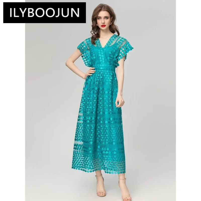 

ILYBOOJUN Summer 2024 Cheap Casual Dresses Women's Blue V-Neck Embossed hollow High waist Splice Round dot Zipper Dress