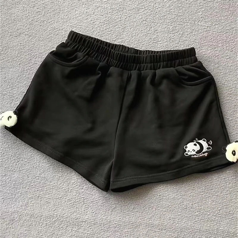 Sommer-Panda-Shorts für Damen 2025, japanischer Buchstabe ​ Stickerei-Hose mit hoher Taille und weitem Bein, Y2k-Ästhetische Taschen-Shorts, Pantalones
