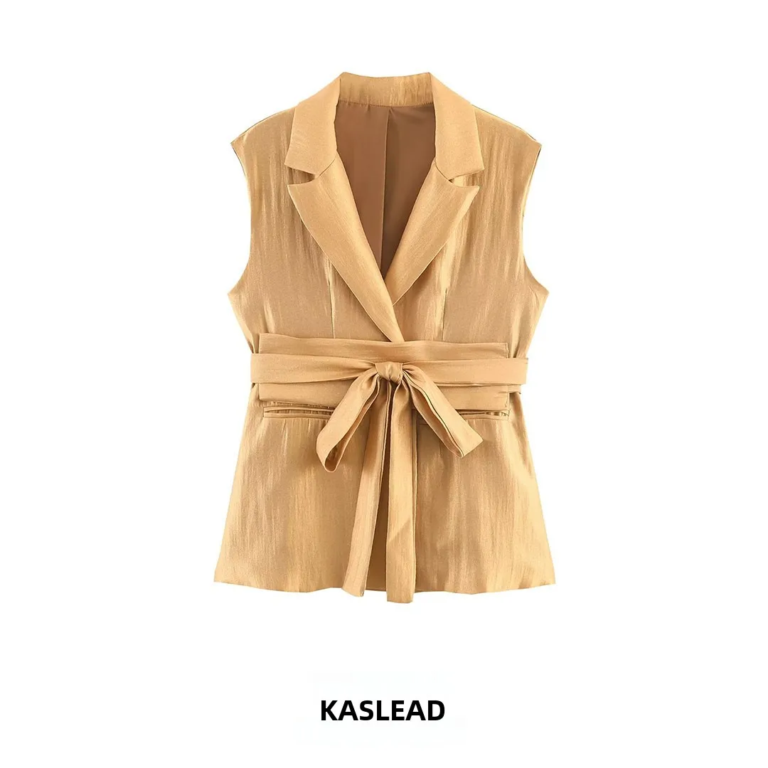 

KASLEAD New Women's Fashion Slim Fit Sleeveless V-Neck Top Simple Style Versatile Waist-Cinching Vest Polyester Fabric