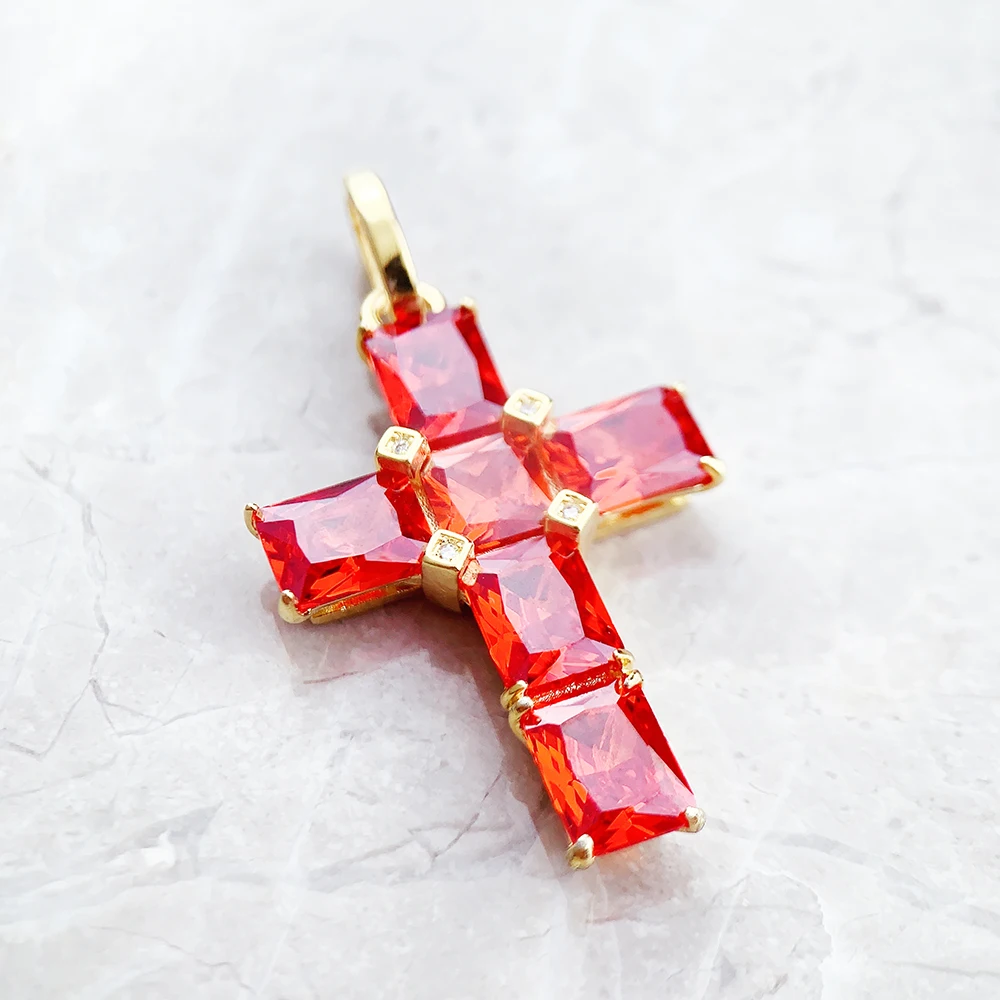 Golden Cross With Orange Stones Pendant Brand New Fine Jewelry Europe 925 Sterling Silver Accessories Gift For Woman