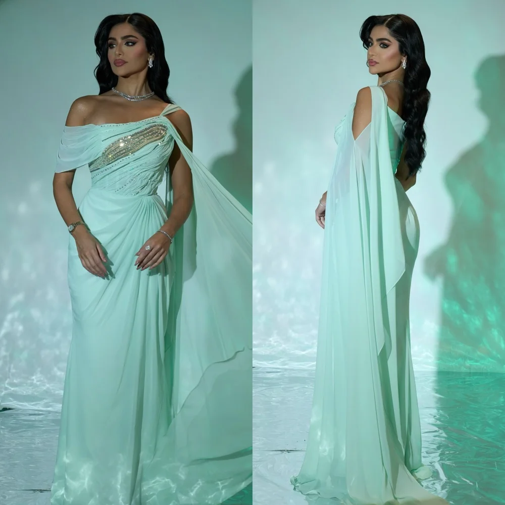 

Customized Intricate Modern Style Chiffon Sequined Pleat Straight Off-the-shoulder Long Dresses Bespoke Occasion Dresses Formal