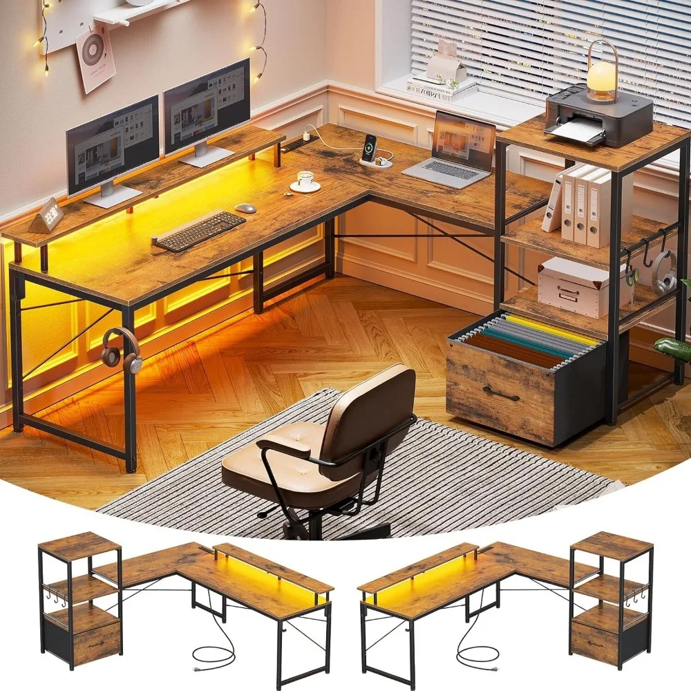 L Shaped Gaming Desk with LED Lights Home Office Desk with Fabric File Drawer