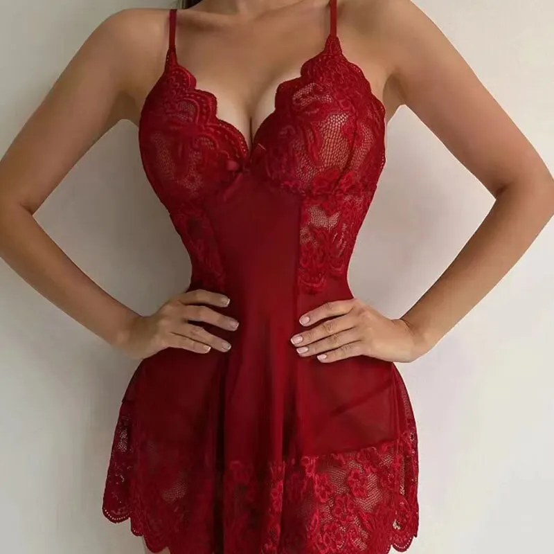 Sexy conjunto de lingerie de renda camisola curta feminina perspectiva roupa interior suspender vestido fino lolita traje exótico sleepwear
