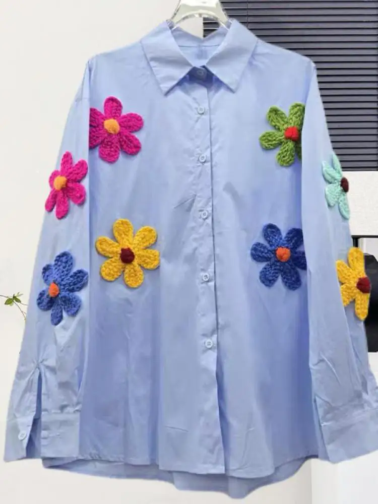 

Women Solid Flower Decoration Elegant Long Sleeve Blouse Korean Fashion Loose Single Breasted Cardigans Shirt Spring Autumn Chic