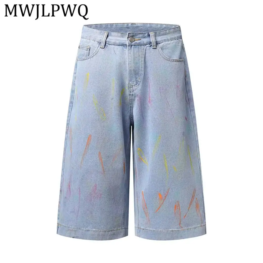 MWJLPWQ Hand-Painted Graffiti Splatter Ink Men's Summer Vintage Punk Distressed Washed Loose Straight-Leg Shorts Trendy 17219