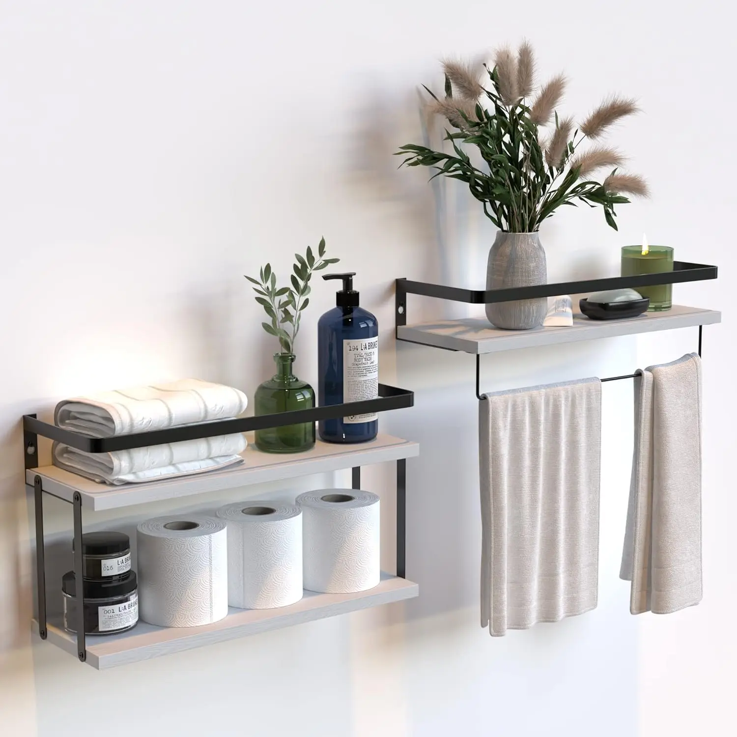 

2+1 Tier Wall Mounted Floating Shelves Set of 2, Rustic Wood Wall Shelf with Metal Frame, Extra Storage Rack for Bathro