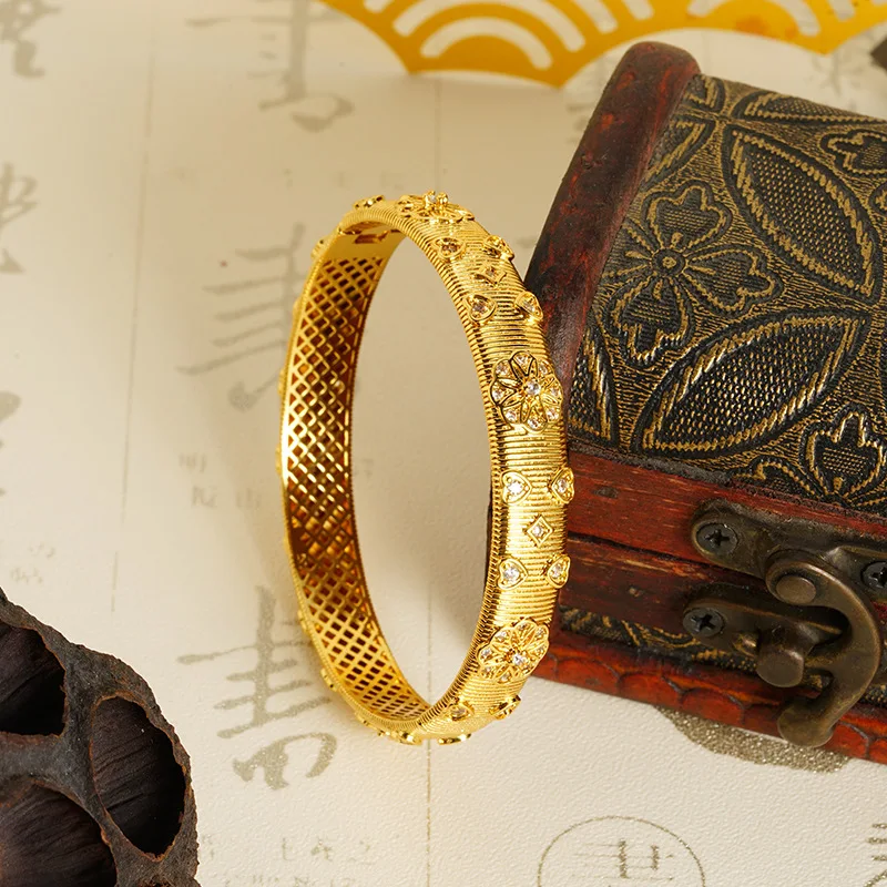 QEENKISS 24KT Gold Luxury Zircon Bracelet Bangle For Women Jewelry Wedding Party Birthday Bride Mother Girlfriend Gifts BT5334