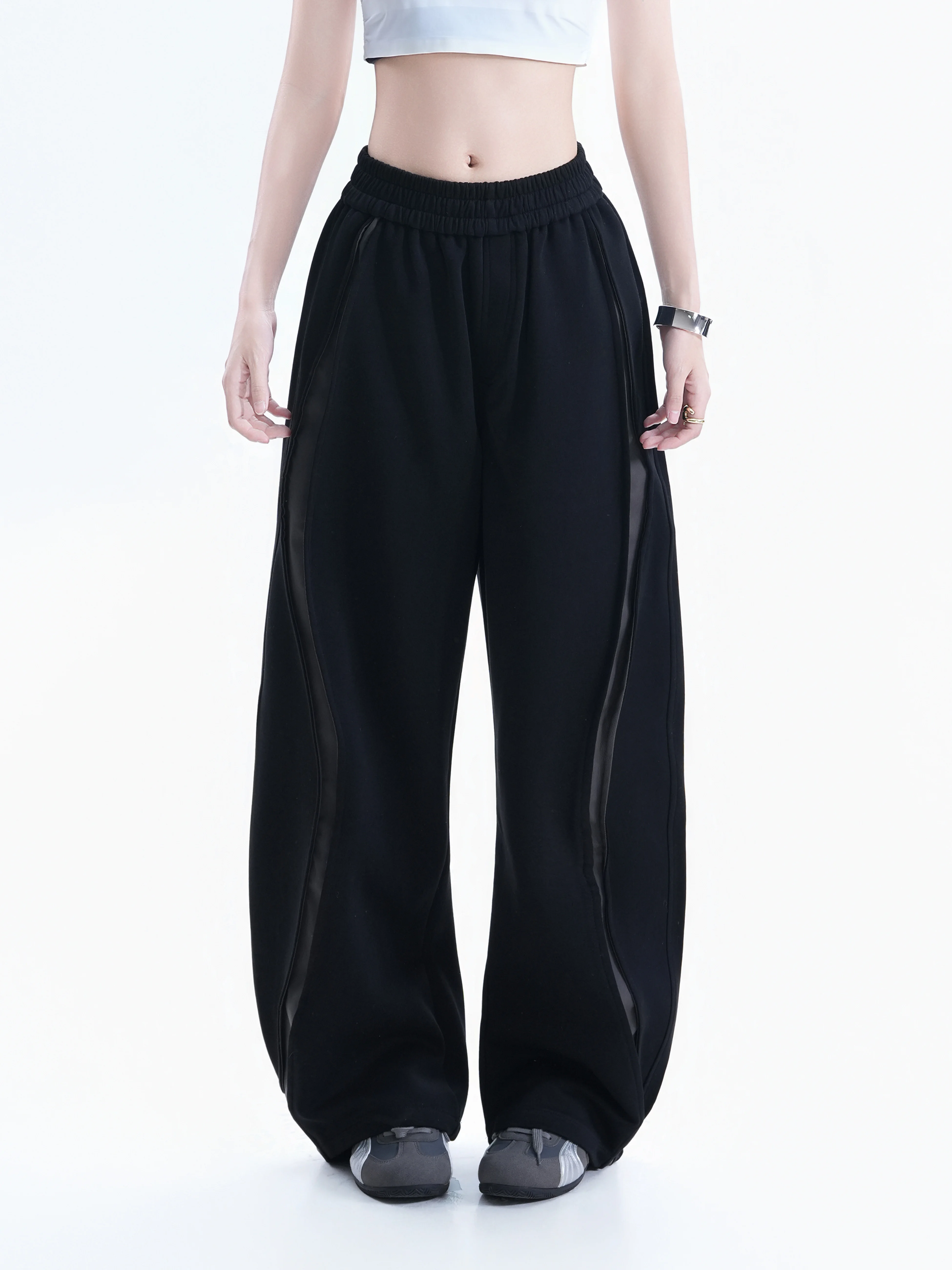 

Retro American Style Side-seam Splicing Loose Wide-leg Casual Pants Women's Sporty Long Trousers Comfortable Cotton Blend