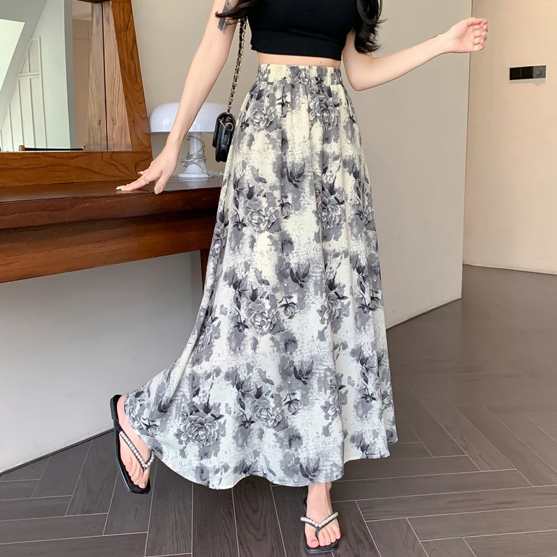 2024 New Spring Summer Women High Waist Slim Long Skirt Elegant Retro Ink Wash Painting Big Hem Floral Skirt