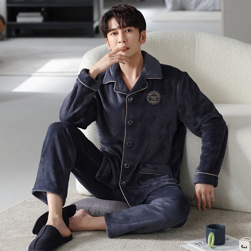 Newest M-4XL Men Pajamas Set Winter Thick Warm Flannel Pyjama Male Sleepwear Casual Pyjama