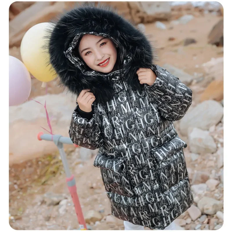 New Children's Down Jacket Girls Winter Fashion Warm Thick Coat Kids Casual Cold-proof Hooded Fur Collar Outerwear TZ618