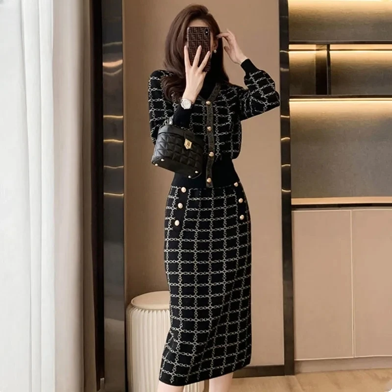 

Casual Sweater Tracksuit Slim Plaid Vintage Knit Skirt 2 Piece Set Fashion Short Tops Elegant Formal Ensembles F259