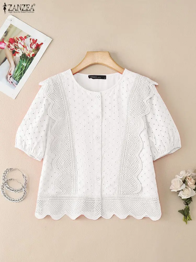 ZANZEA femmes chemisier brodé 2025 été chemise creuse élégant col rond manches courtes hauts élégant vacances Blusas tunique Femme