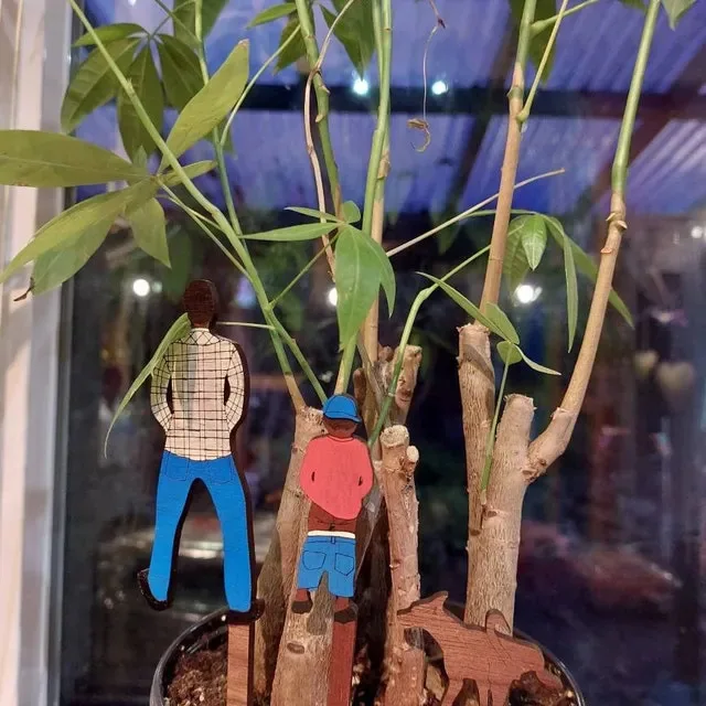 Vintage Wooden Family Figurines, Father Son Dog Plant Pot Decor
