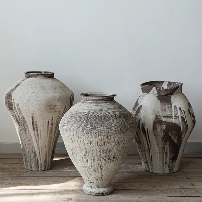 Floor-to-ceiling large clay pot foreign trade vase ceramic high-end sense wabi-sabi feng shui pony large diameter flower pot Nor