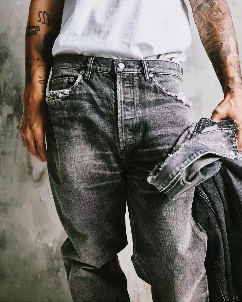 

Madness Denim Pants Straight Leg Nine-Ten Washed Two-Color Jeans Casual Youth Trendy Jeans Low Waist Button Closure No Stretch