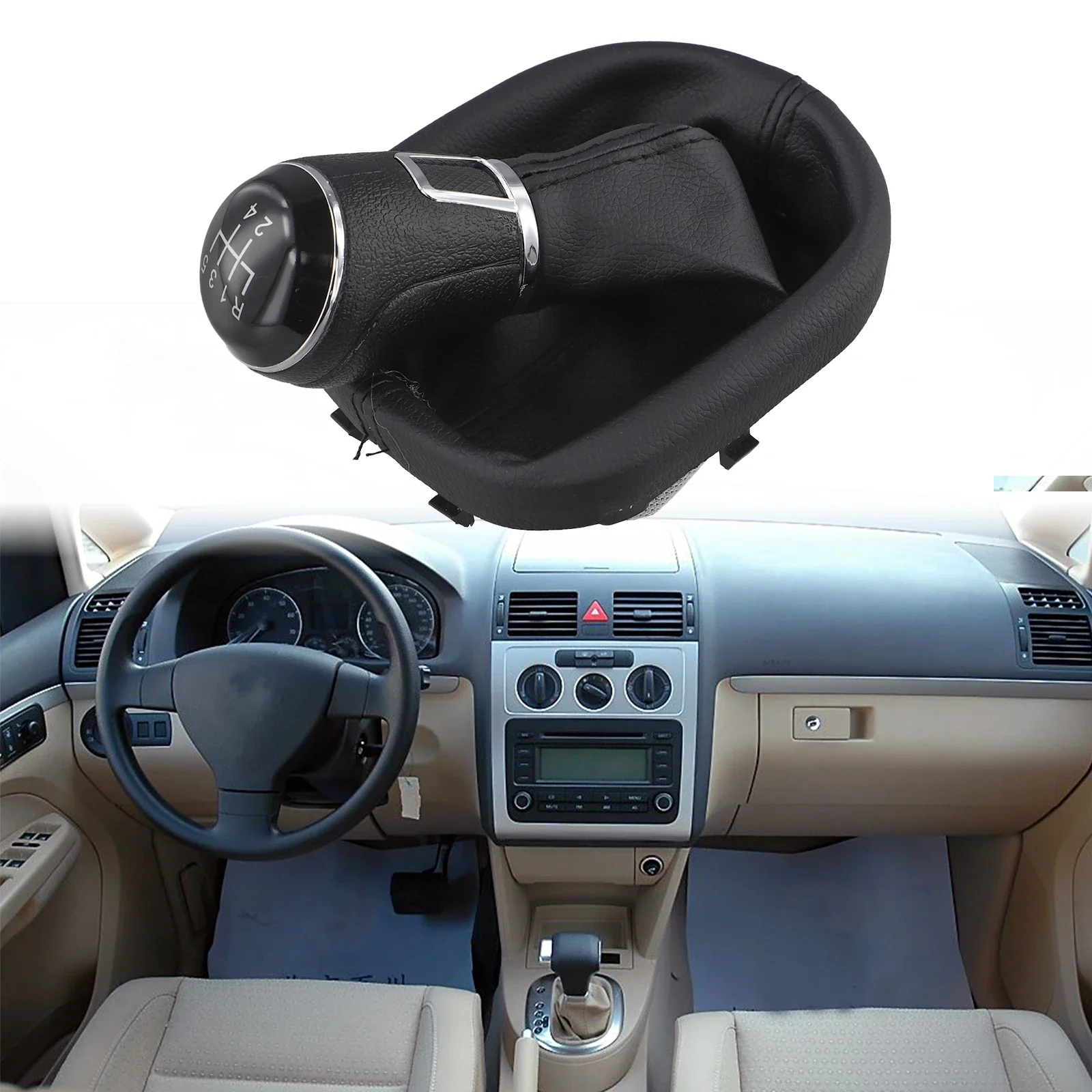 

6 Speed 1x Manual Black Shift Knob With Leather Gaiter Boot For Touran 2003-2010 Shift Knob With Leather Gaiter Boot