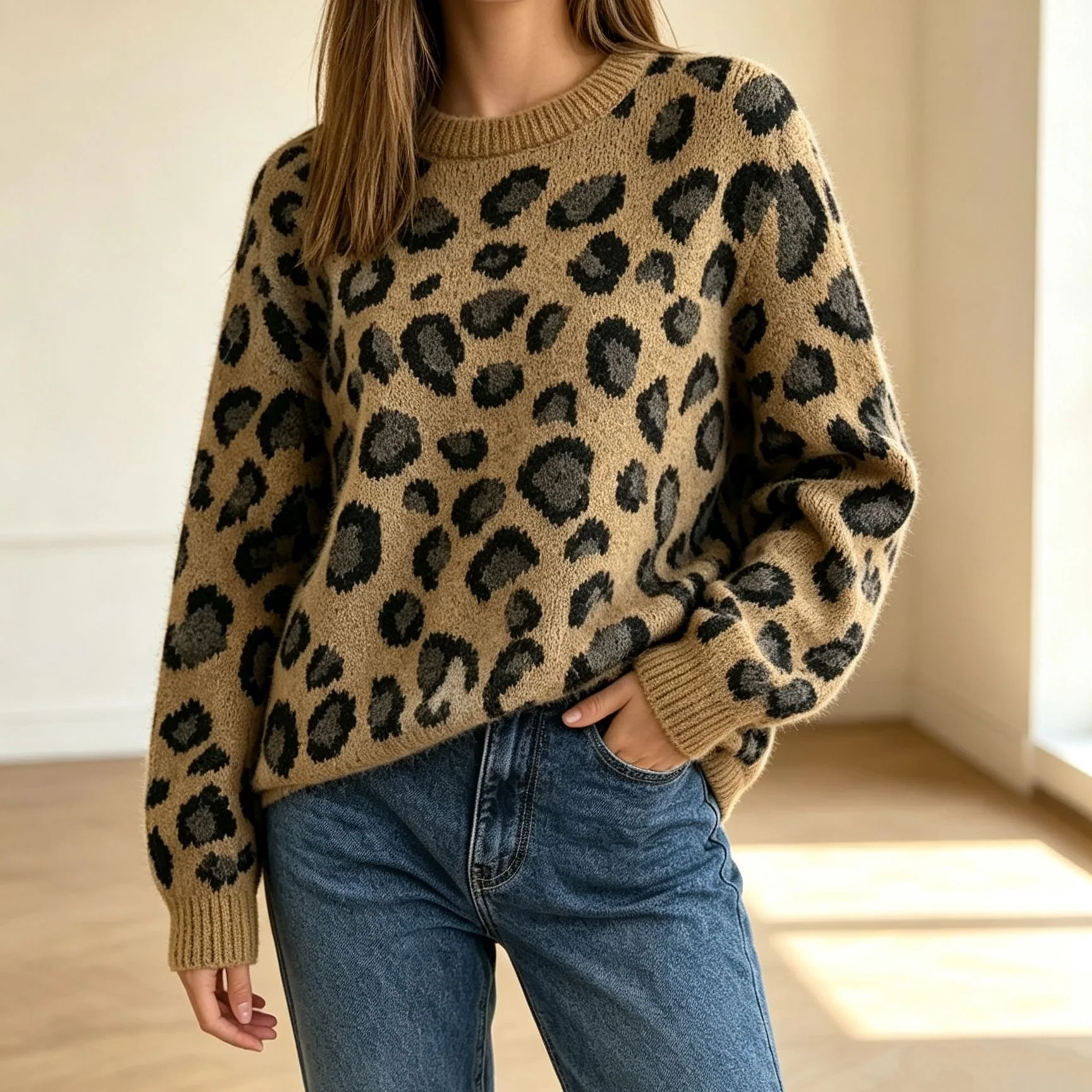 Leopard Print Sweater for Women Auutmn Long Sleeve O-neck American Style Pullover Streetwear Splicing Good-looking Gray Tops