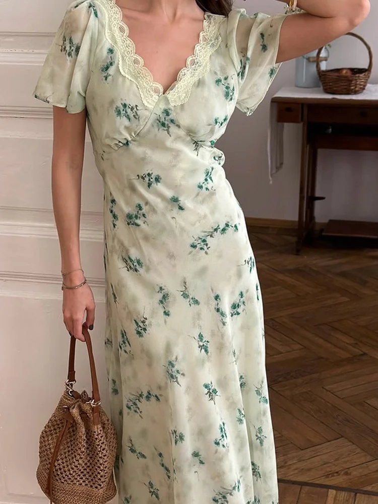 Tossy Floral Print Maxi Dress V Neck Lace Trim Puff Sleeve Short Sleeve Wrap Style Flowy Chiffon Party Clubwear Vacation Dress