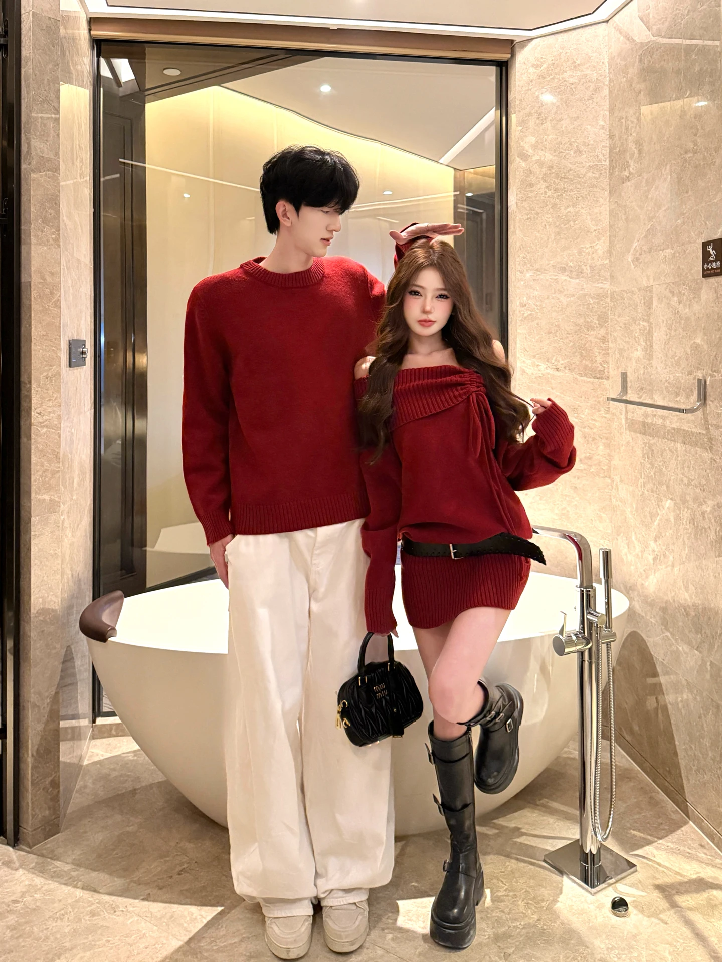 Unique Design Couple Knitted Sweater Dress Shoulder Bared Waist Cinched Bodycon Dress for Engagement And New Year Celebration