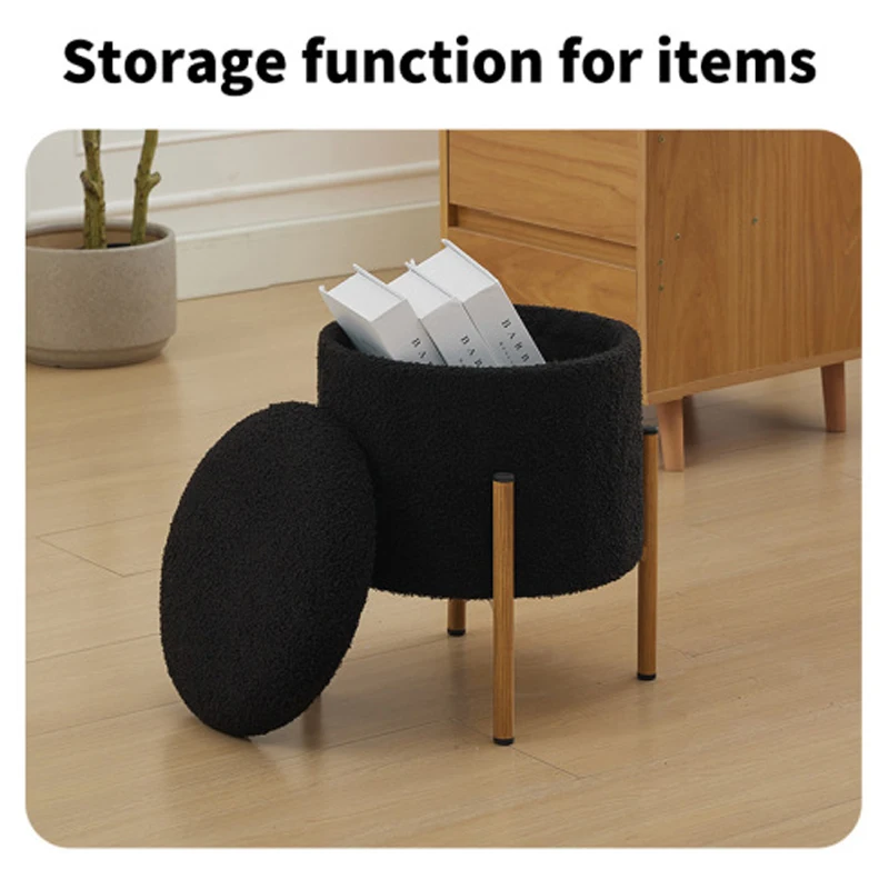 Modern Round Storage Ottoman, Ottoman Foot Stools With Metal Base, Ottoman Footstool with Removable Lid Storage Ottoman(Black)