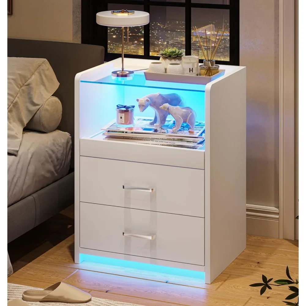 

White Nightstand with Charging Station and LED Lights, 2 Drawers LED Night Stand with Tempered Glass Tabletop, Modern End