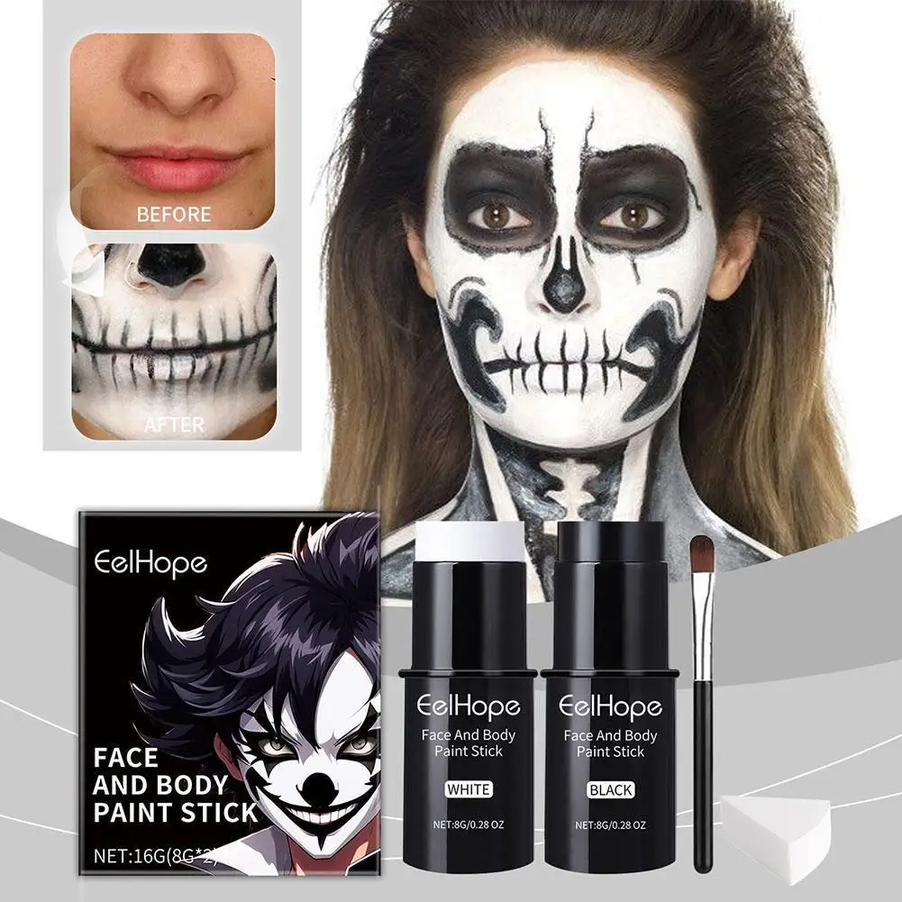 

Hot Black & White Face Body Paint Kit with Brushes Long-Lasting Makeup For Halloween Festive Fun Makeup Accessories Makeup