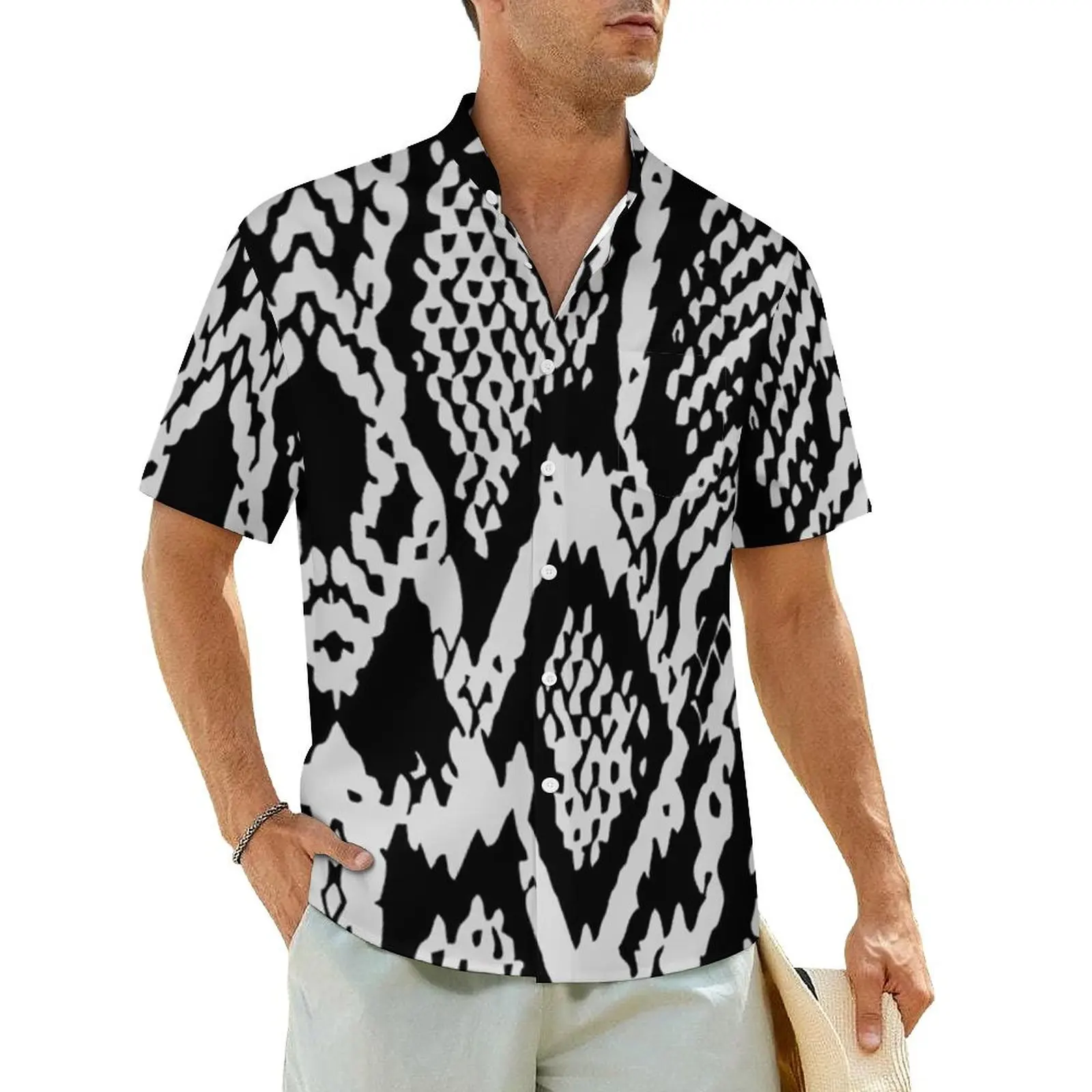 

Hawaii Shirt Beach Boa Black Snakeskin Blouses Animal Skin Print Novelty Casual Shirts Men Short Sleeve Harajuku Oversized Tops