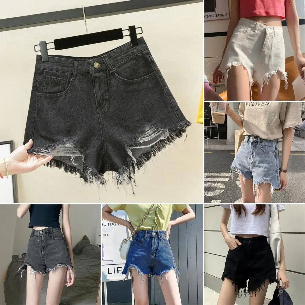 

Women Denim Shorts Ripped Hole Plus Size Button Zipper Closure Slim Fit A-line Short Jeans Lady Dating Beach Shorts 데님 팬츠