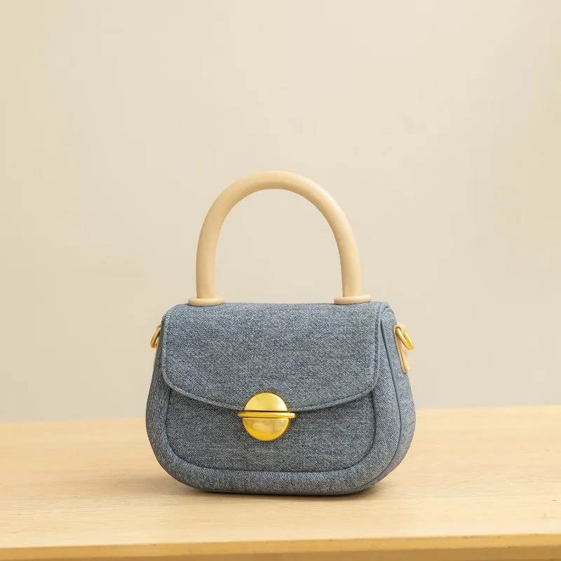 Women Handbag Top-Handle Shoulder Bag Saddle Sky Blue Denim Fabric PU Fashion Ladies Crossbody Totes Commuter Girl Boston Purses