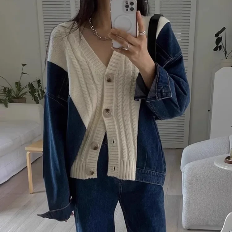 Vintage V-neck Patchwork Denim Cardigan 2024 Autumn Winter New Sweaters Coat Women Y2k Long Sleeve Loose Cardigan Tops Mujer