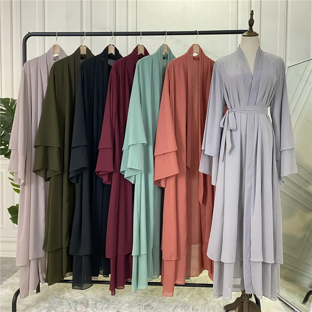 ตุรกีอาหรับชีฟองมุสลิม Elegant ผู้หญิงเปิด Abaya Maxi ชุดดูไบ Eid Ramadan Kaftan เสื้อสเวตเตอร์ถักชุดกิโมโน Robe อิสลามเสื้อผ้าชุด