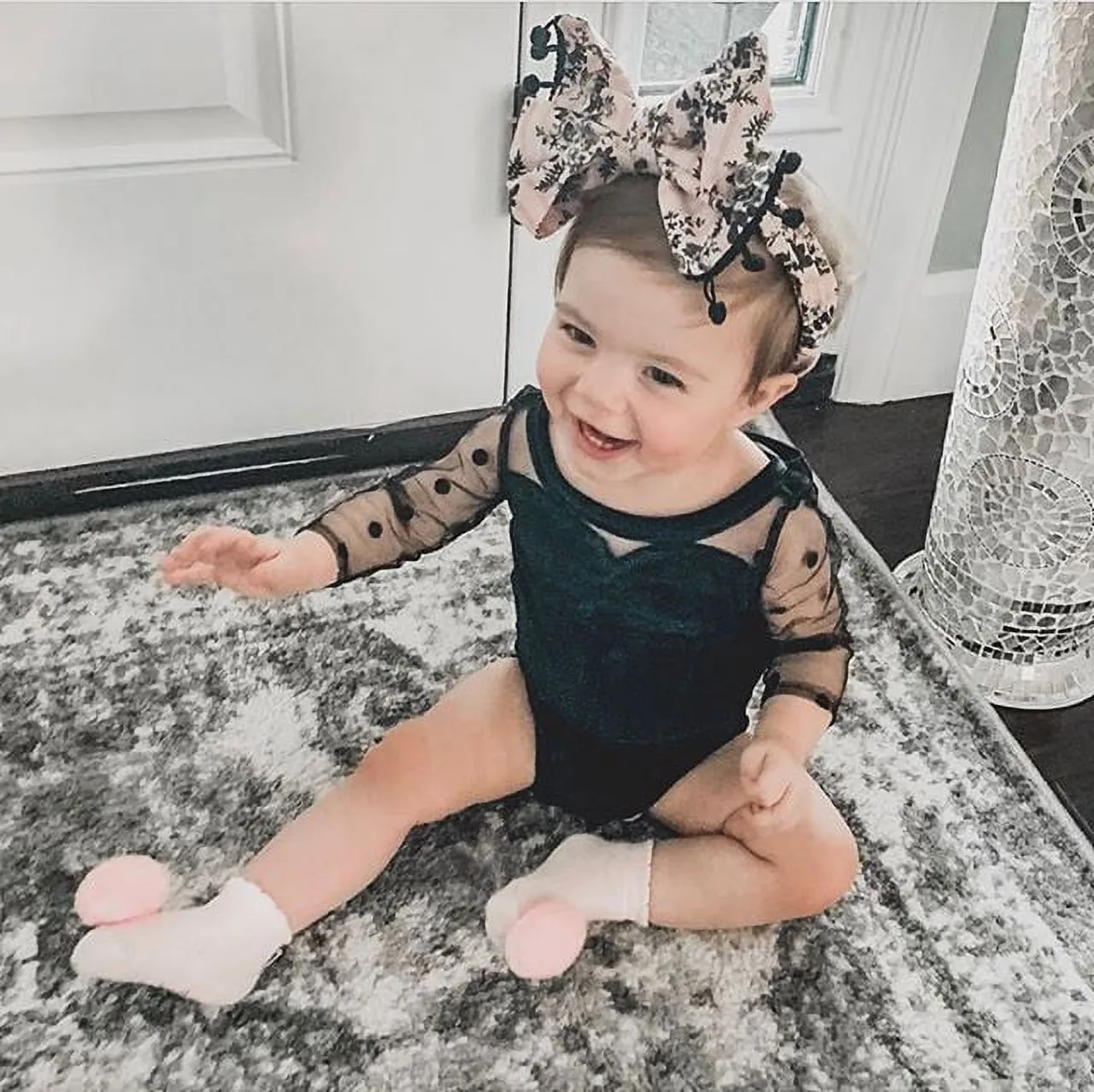 Baby Girls Bodysuits Mesh Sleeve Romper Black Round Collar Velvet Jumpsuit 0-18 Months