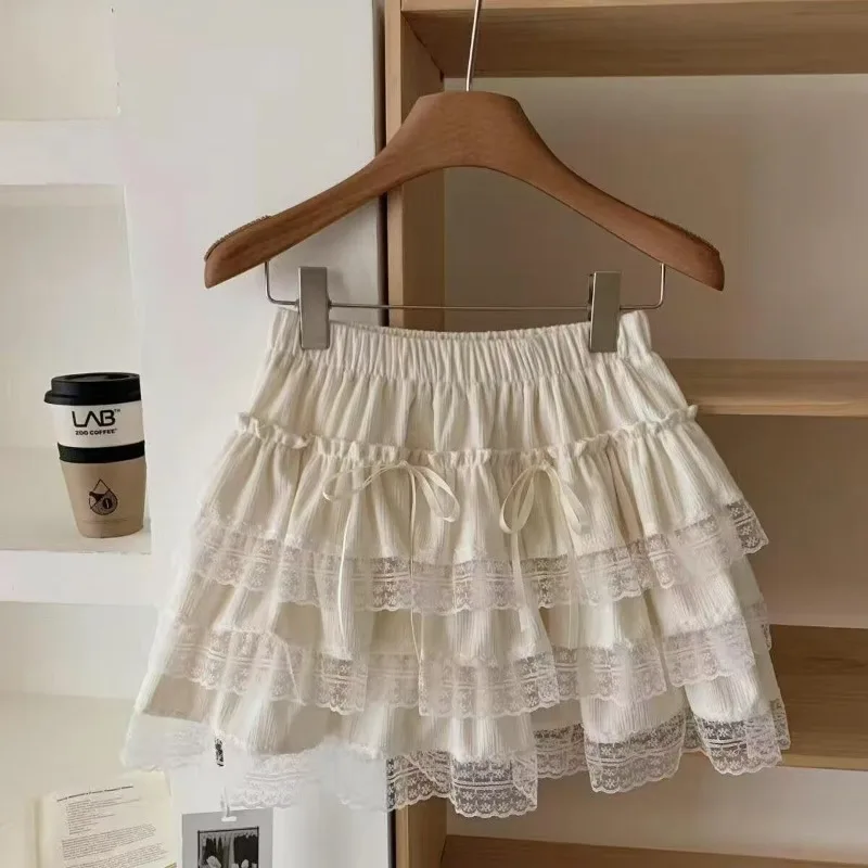 Spring Summer New Korean Style Sweet Age Reducing Tierred Lace Patchwork Skirt for Women Flounced Edge High Waist Slim Y2k Skirt