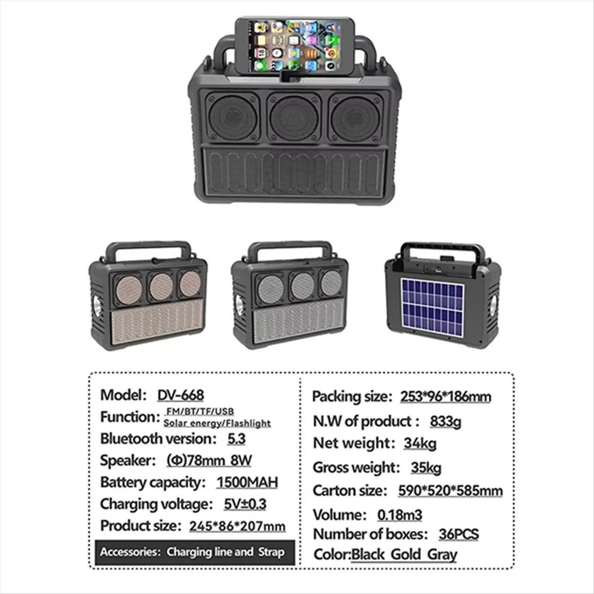

Беспроводная Bluetooth-колонка CLOS Solar с FM-радио, портативная уличная Bluetooth-колонка с фонариком, золотая