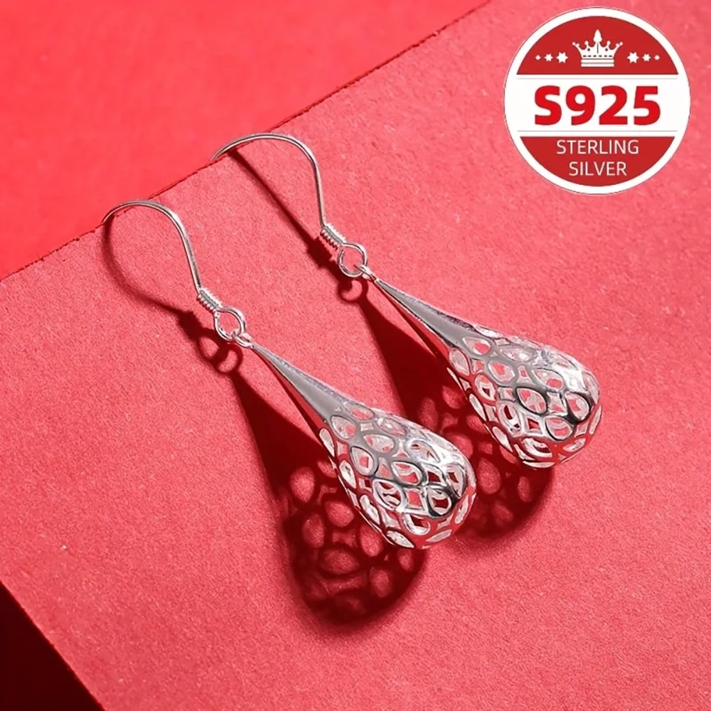 Stilvolle, exquisite, tropfenförmige, durchbrochene Ohrringe aus 925er Sterlingsilber für Damen, eleganter Schmuck, Hochzeitsaccessoires