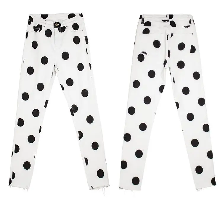 Mid Waisted Elastic Jeans for Women, Small Leg Pants, Polka Dot Pattern, Skinny pants