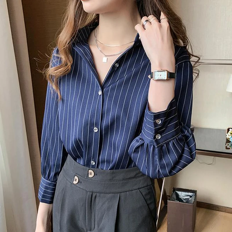 Striped Shirt Women Y2K Summer Vintage Chic Loose Long Sleeve Top Office Ladies Fashion Casual Turn Down Collar All Match Blouse